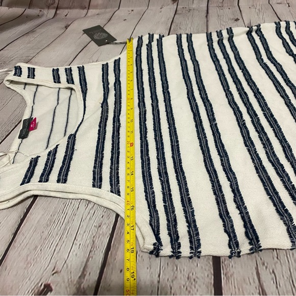 VINCE CAMUTO Women's Ivory/navy Fringe-striped Tassel-hem Sheath Dress SZ M. - Picture 6 of 11